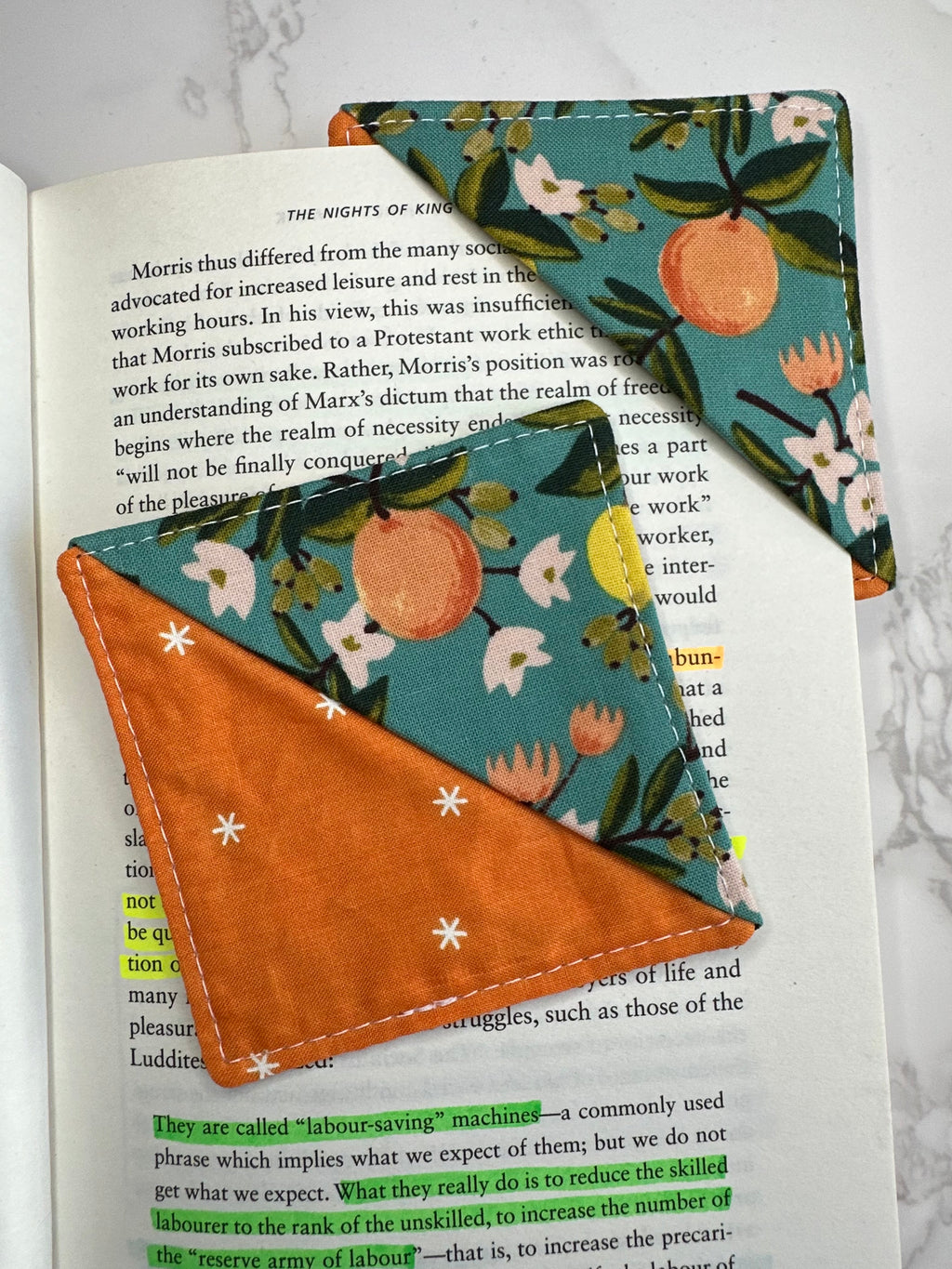 fabric corner bookmark - oranges and florals