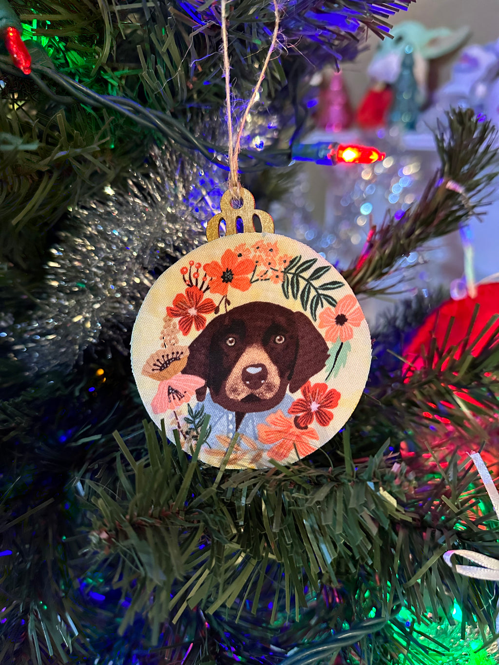 fabric ornament - floral dark brown dog