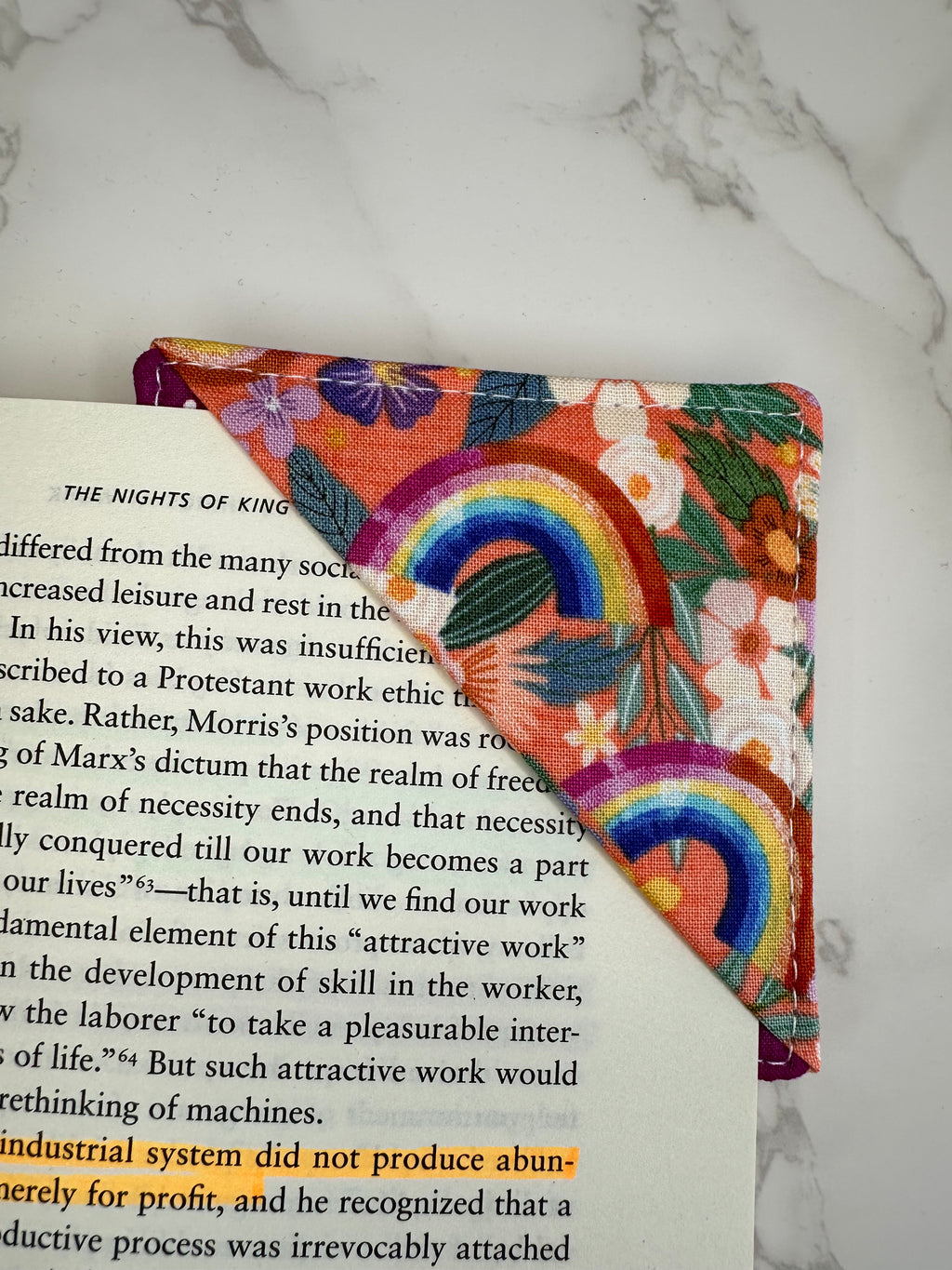 fabric corner bookmark - floral rainbows