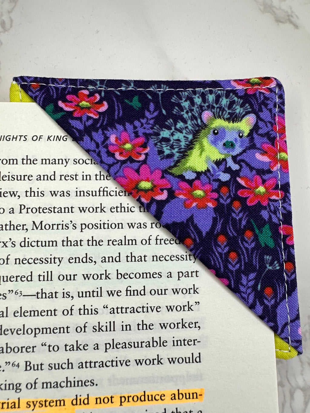 fabric corner bookmark - purpley hedgies