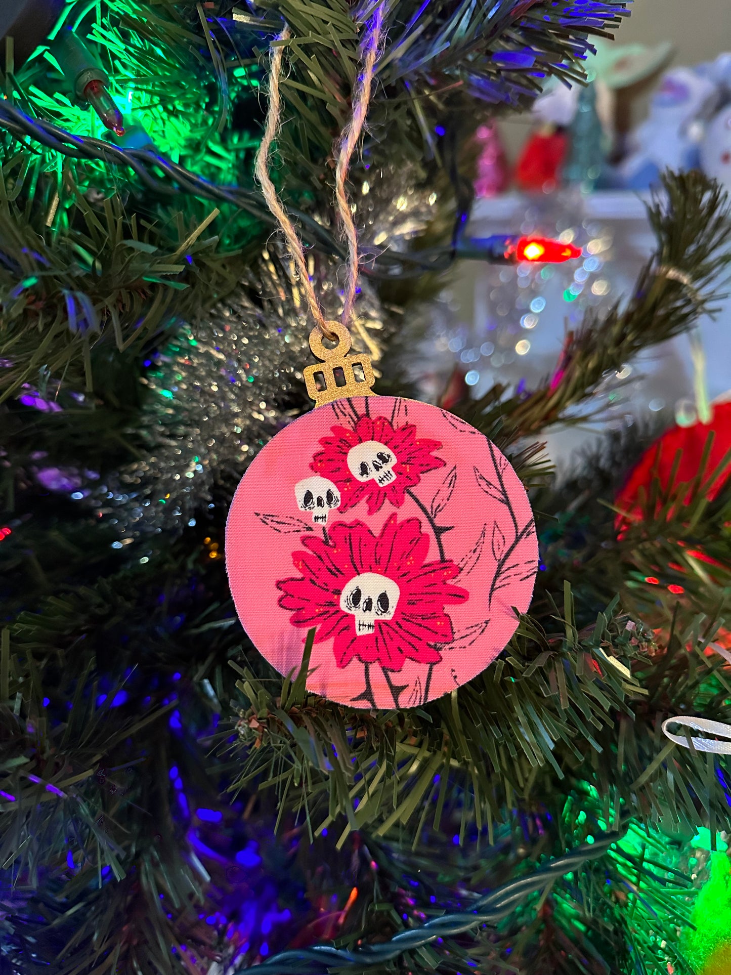 fabric ornament - skeleton flowers pink