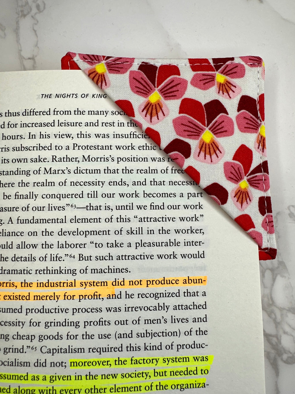 fabric corner bookmark - red pansies
