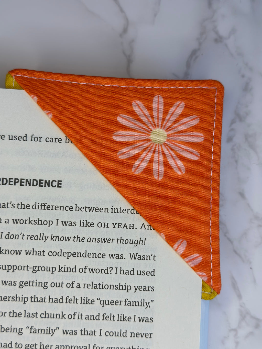 fabric corner bookmark - flowers on orange
