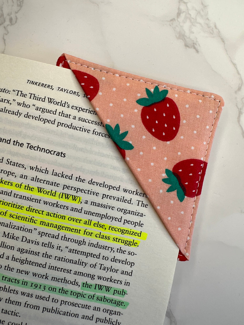 fabric corner bookmark - strawberries