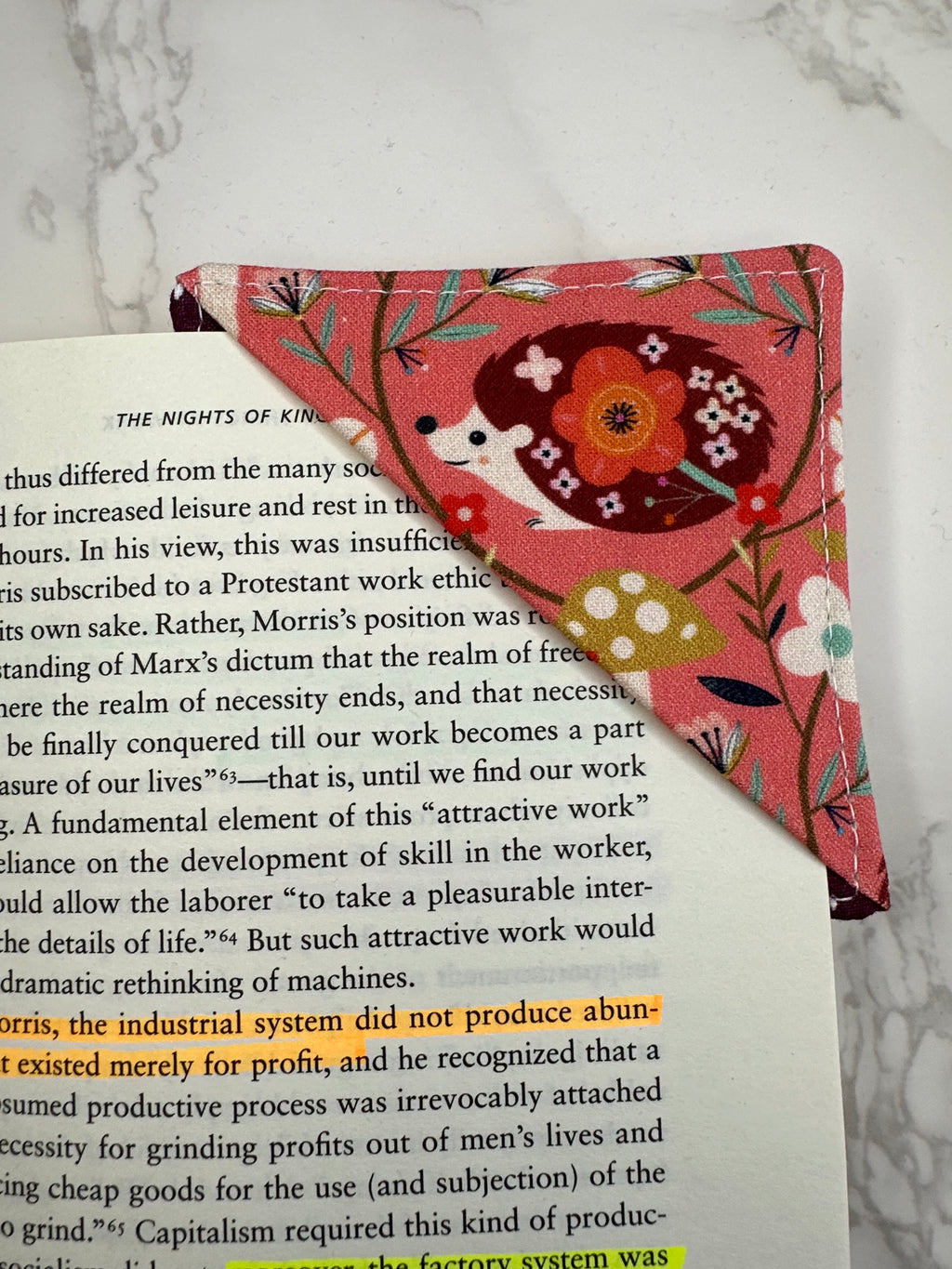 fabric corner bookmark - floral hedgie