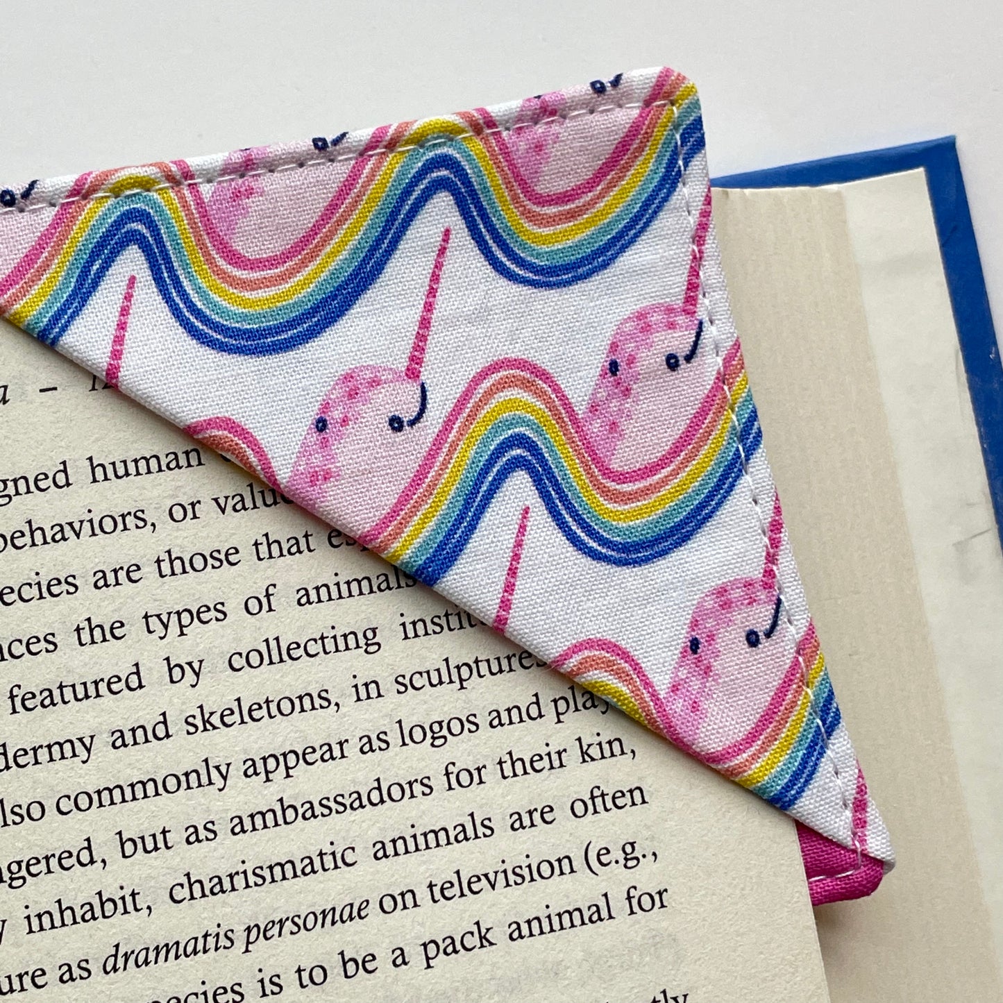 fabric corner bookmark - rainbow narwhals