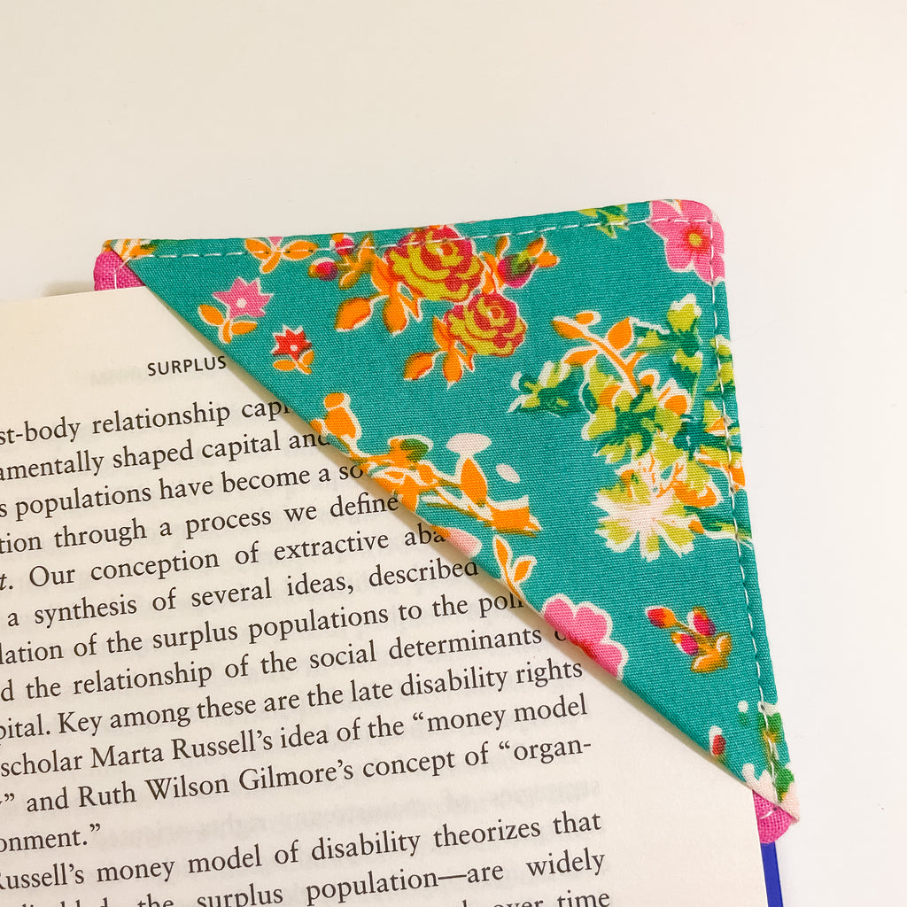 fabric corner bookmark - green floral