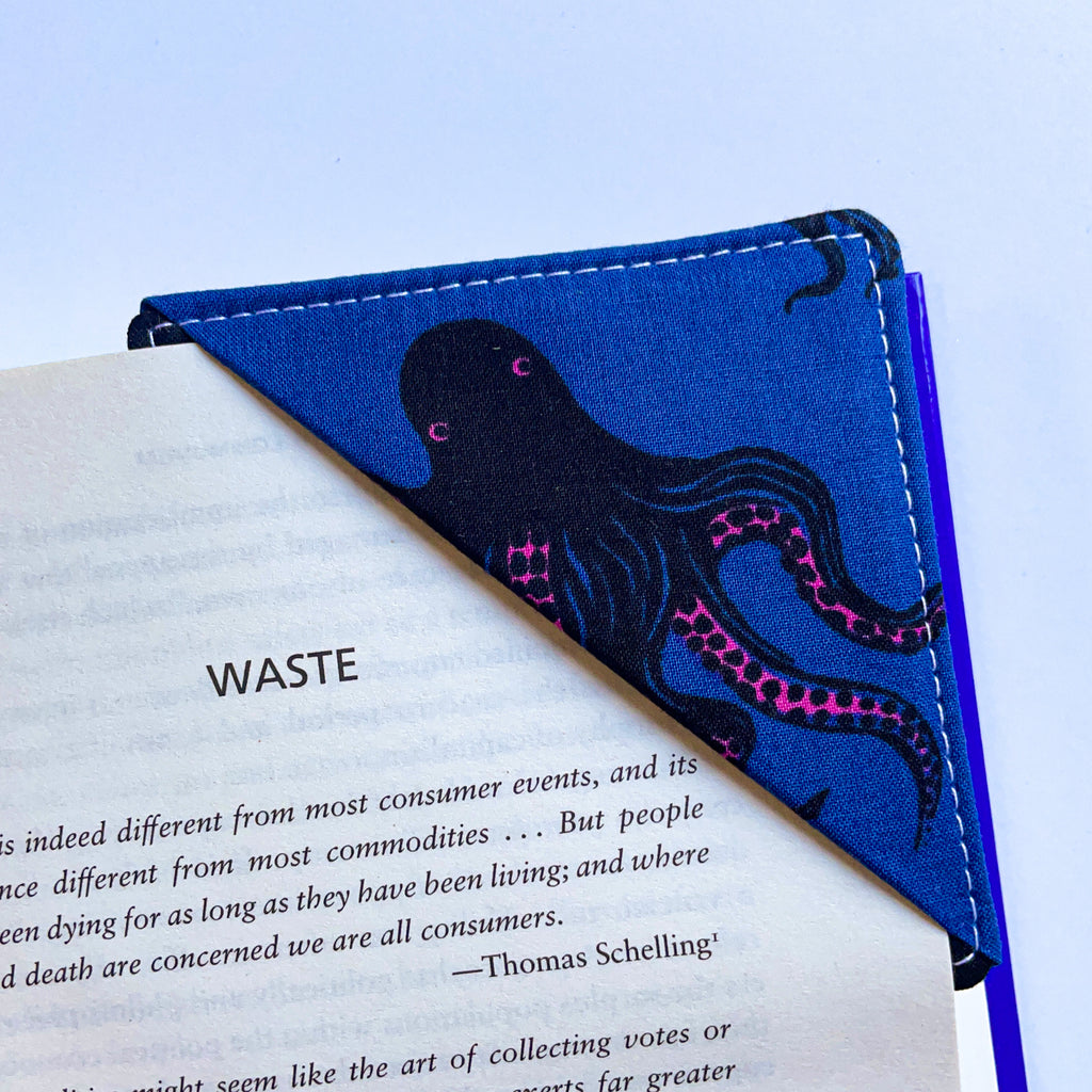 fabric corner bookmark - octopus on blue