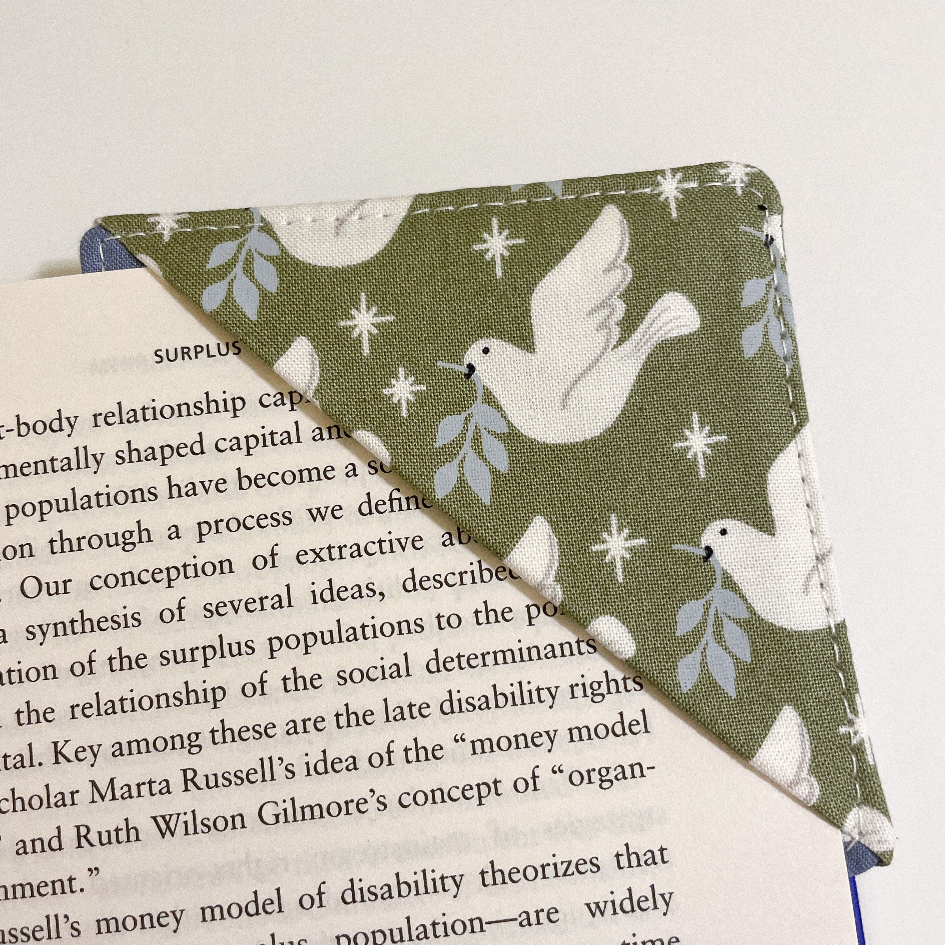 fabric corner bookmark - doves on green
