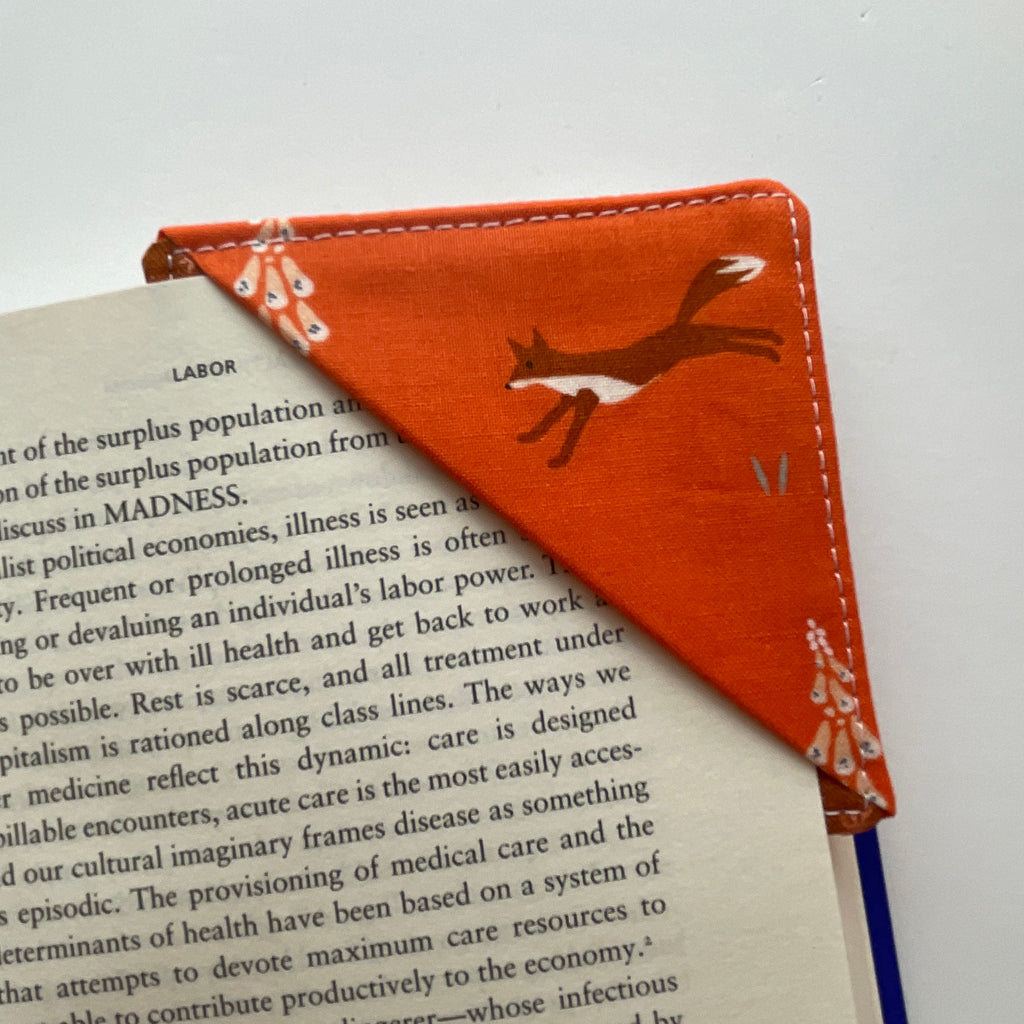 fabric corner bookmark - frolicking fox