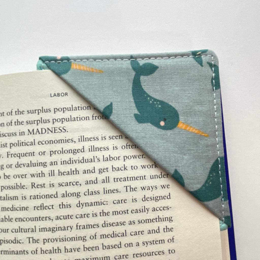 fabric corner bookmark - narwhals