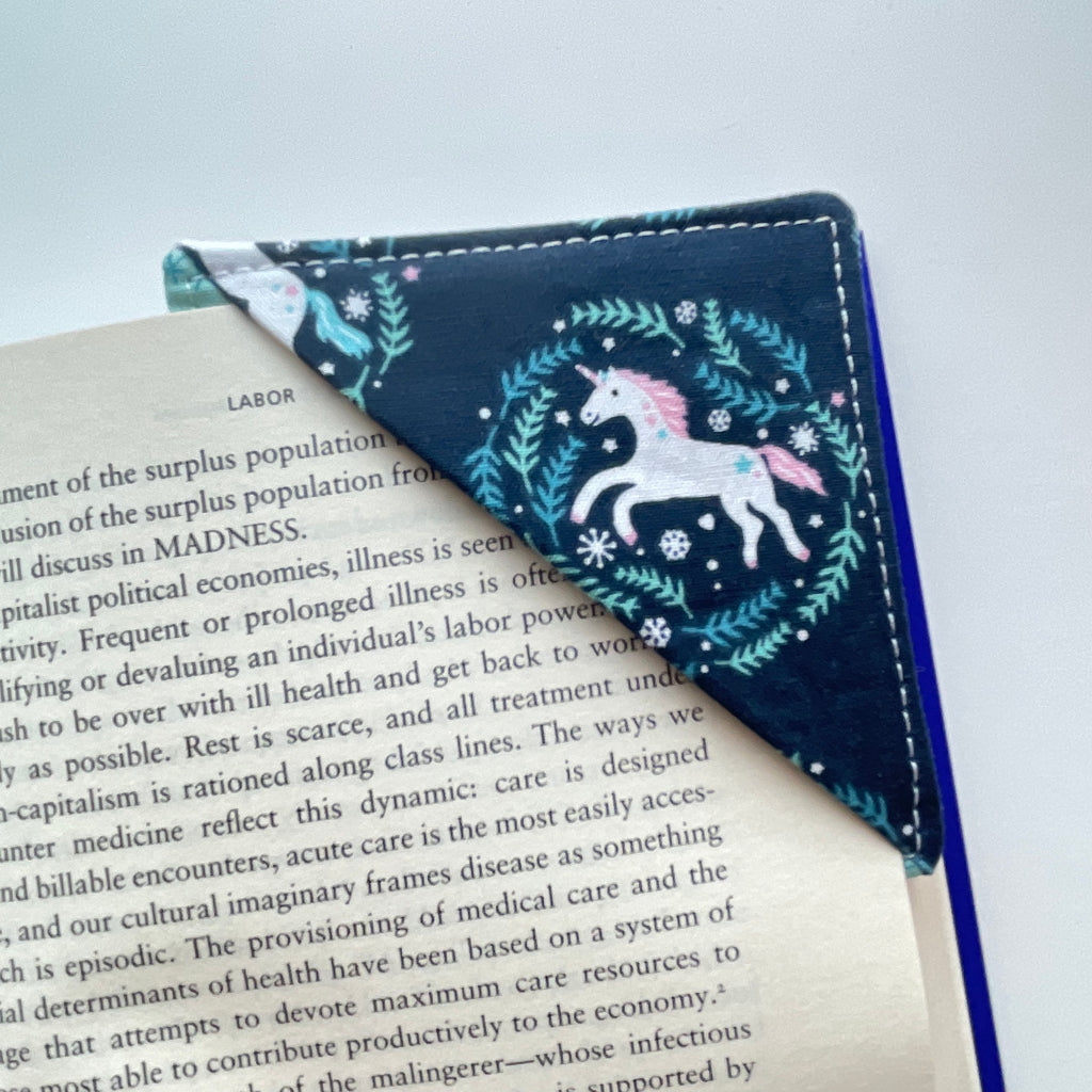fabric corner bookmark - winter unicorn