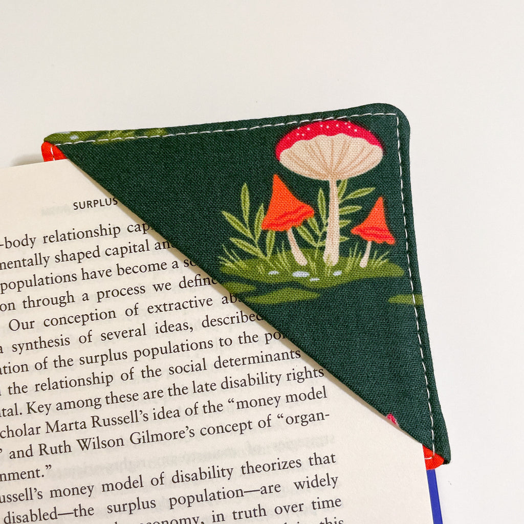 fabric corner bookmark - mushrooms again redux