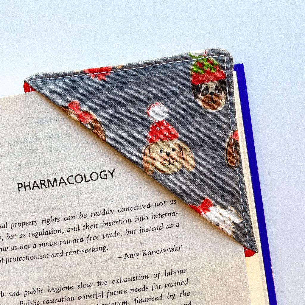 fabric corner bookmark - festive dogs