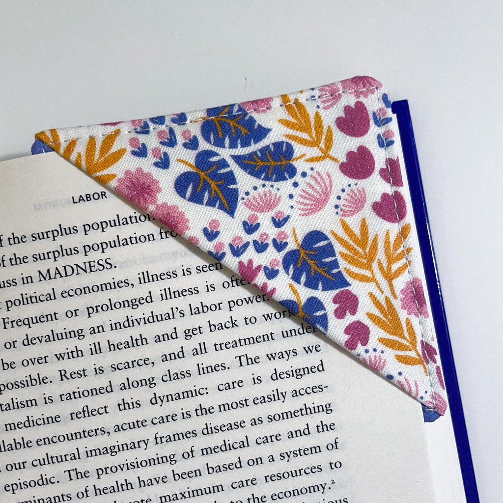 fabric corner bookmark - flowers and animal tracks
