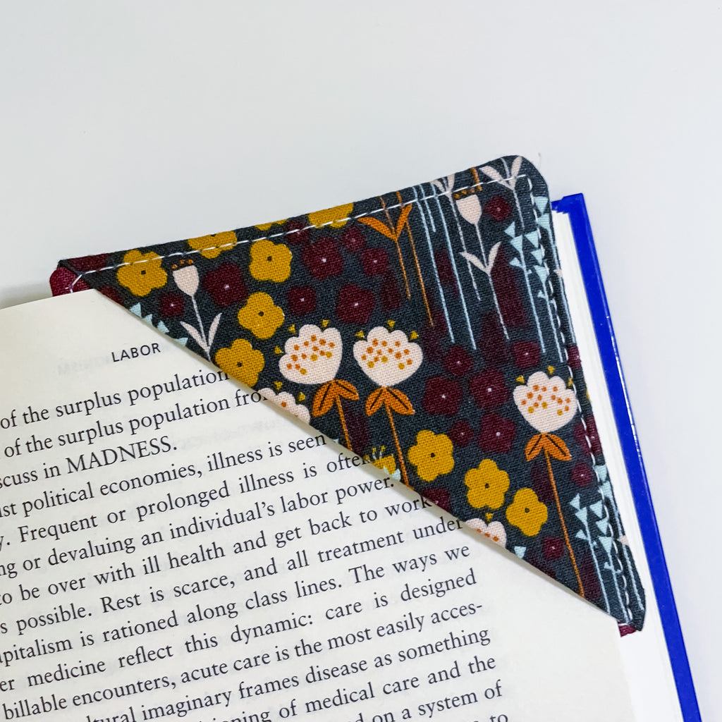 fabric corner bookmark - moody floral