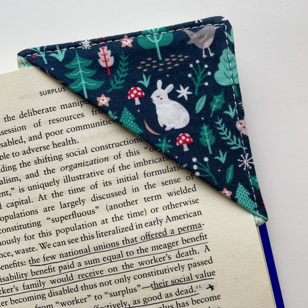 fabric corner bookmark - winter forest friends
