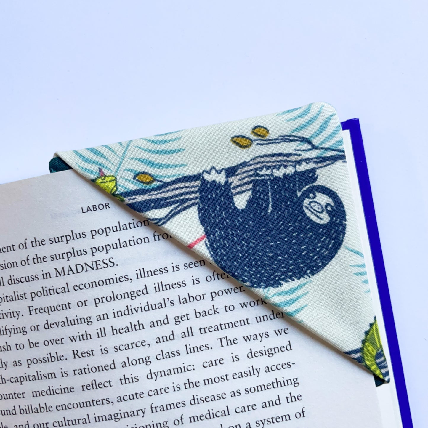 fabric corner bookmark - hanging sloth