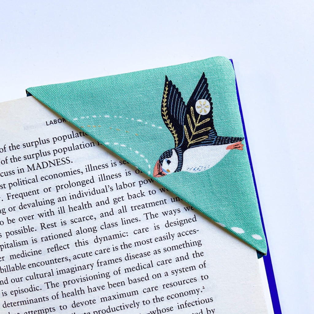 fabric corner bookmark - puffin