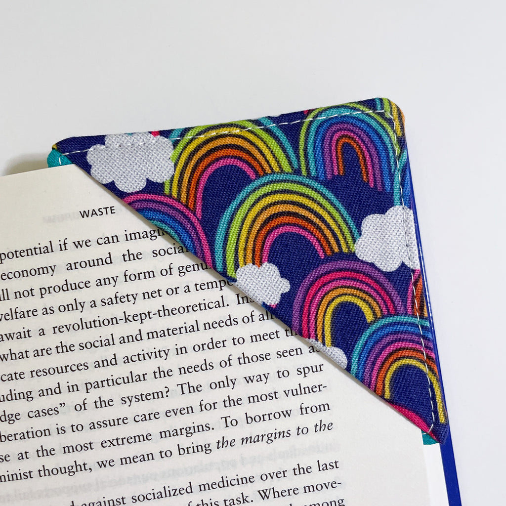 fabric corner bookmark - rainbows on blue