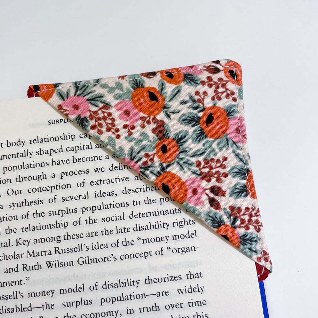 fabric corner bookmark - rifle paper winter floral