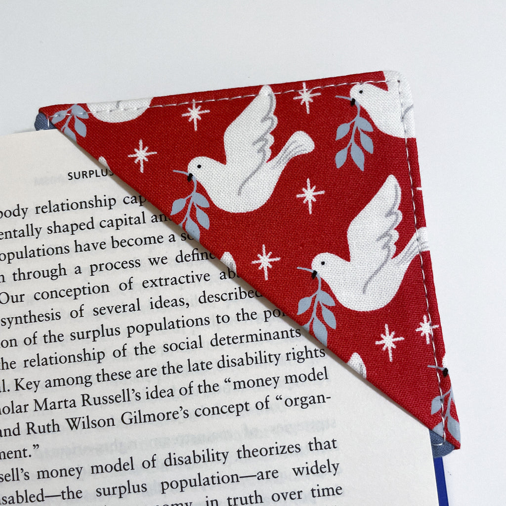 fabric corner bookmark - doves on red