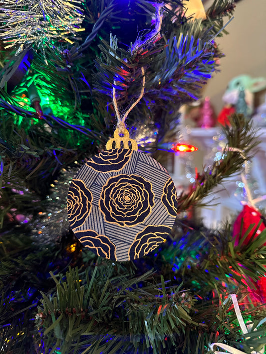 fabric ornament - gold and blue flowers