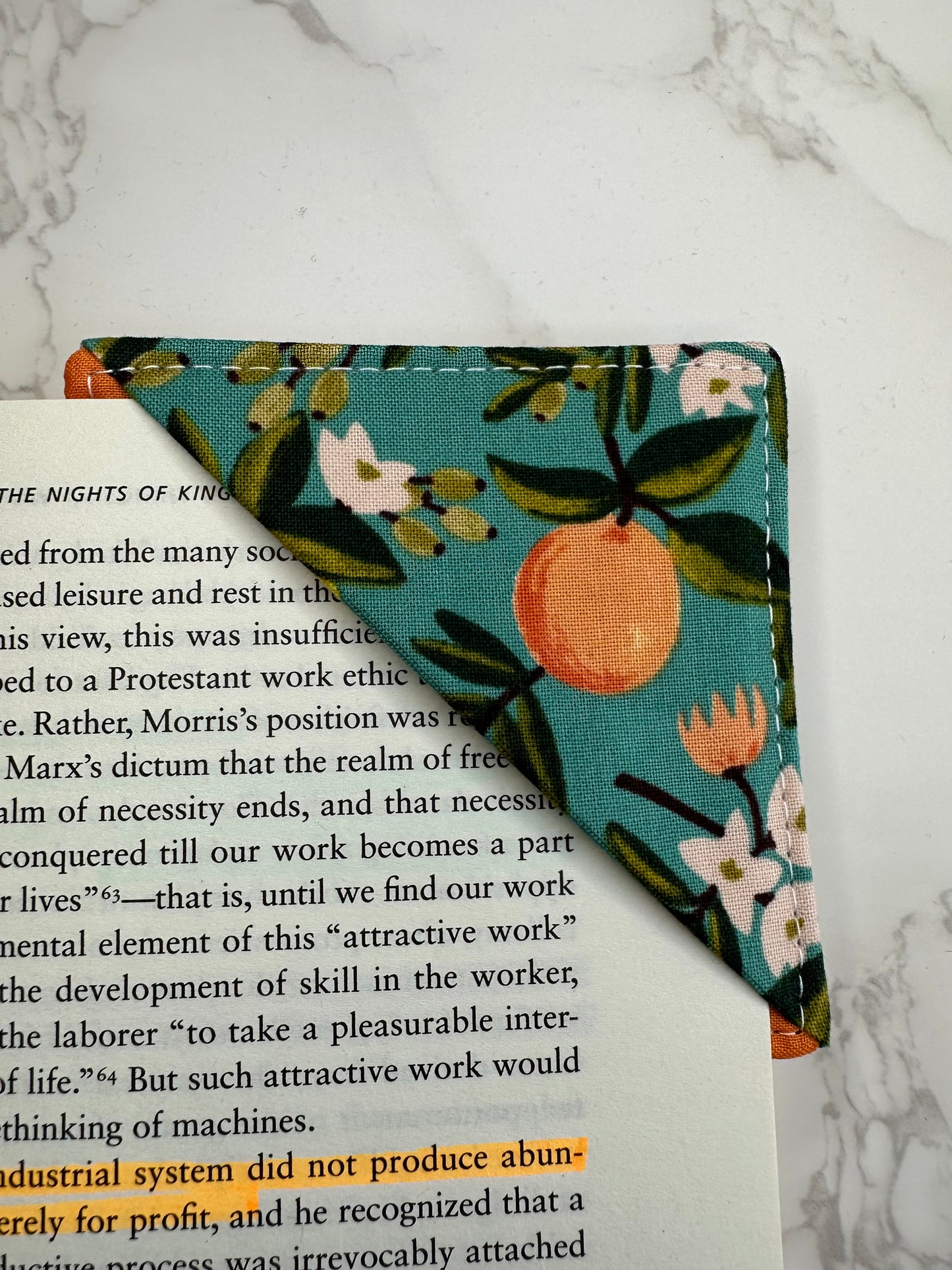 fabric corner bookmark - oranges and florals