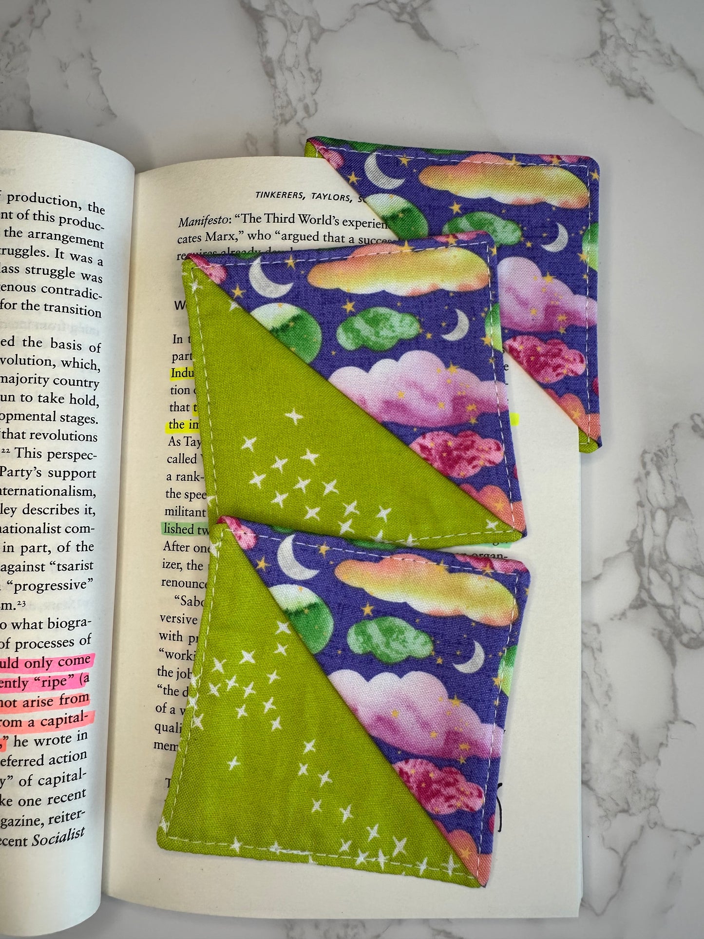 fabric corner bookmark - clouds and moons