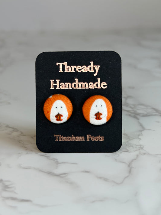 fabric button earrings - ghosts with pumpkins