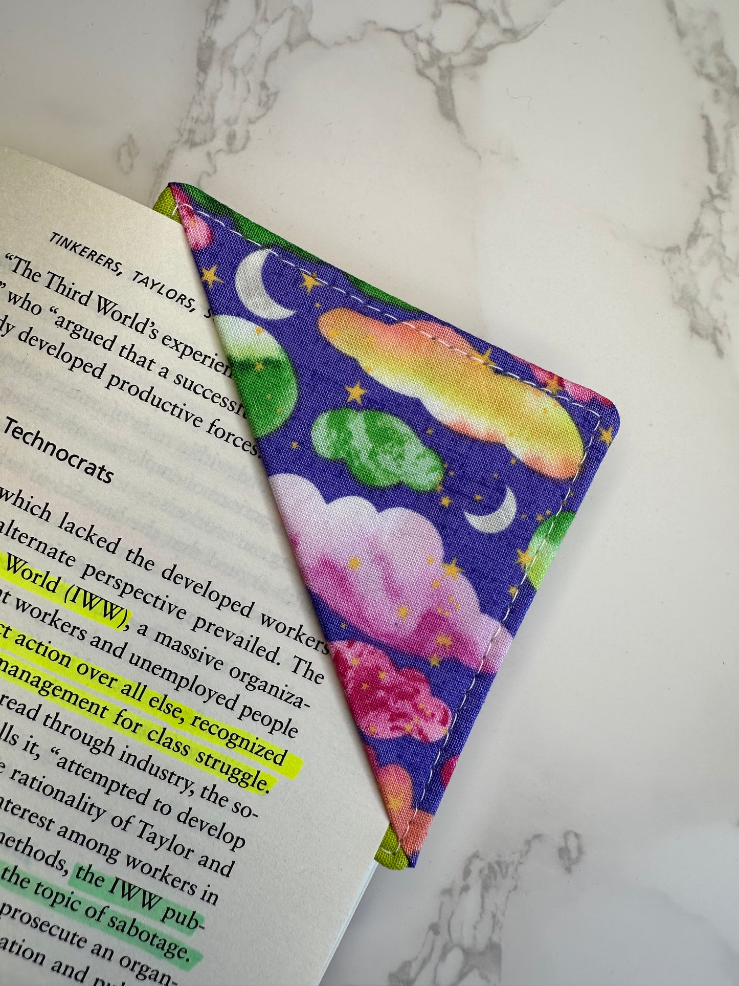 fabric corner bookmark - clouds and moons