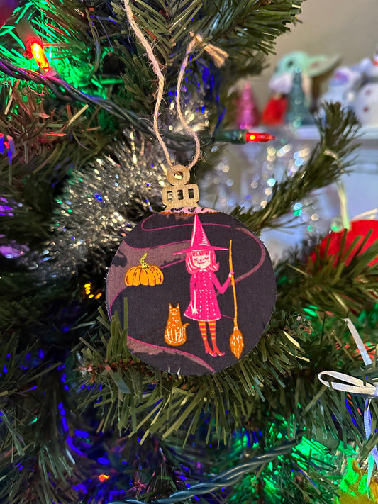 fabric ornament - another witchy girl with cat