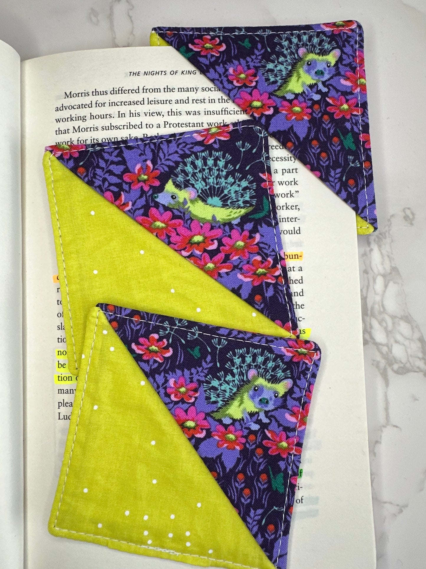 fabric corner bookmark - purpley hedgies