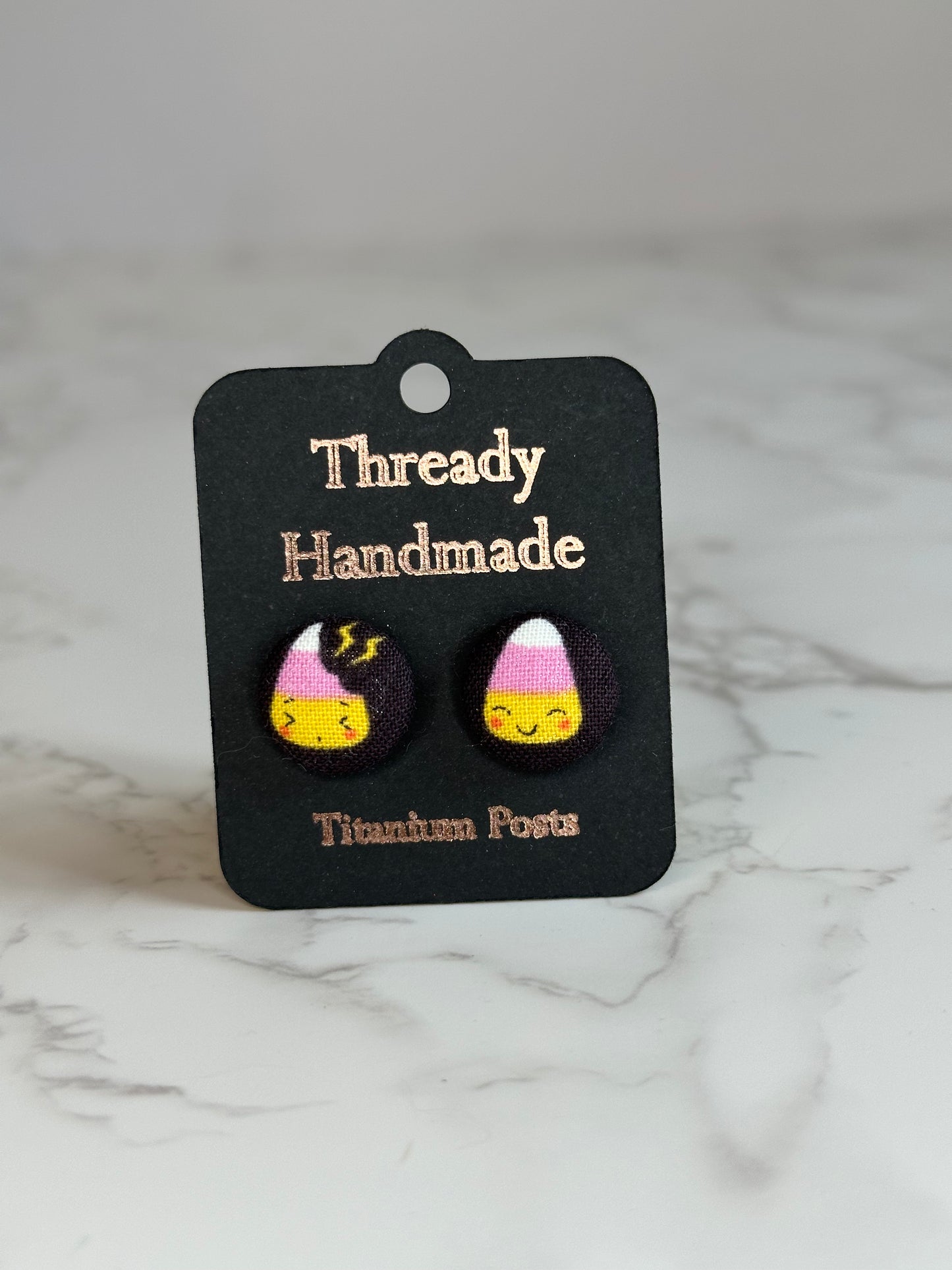 fabric button earrings - candy corn toothache