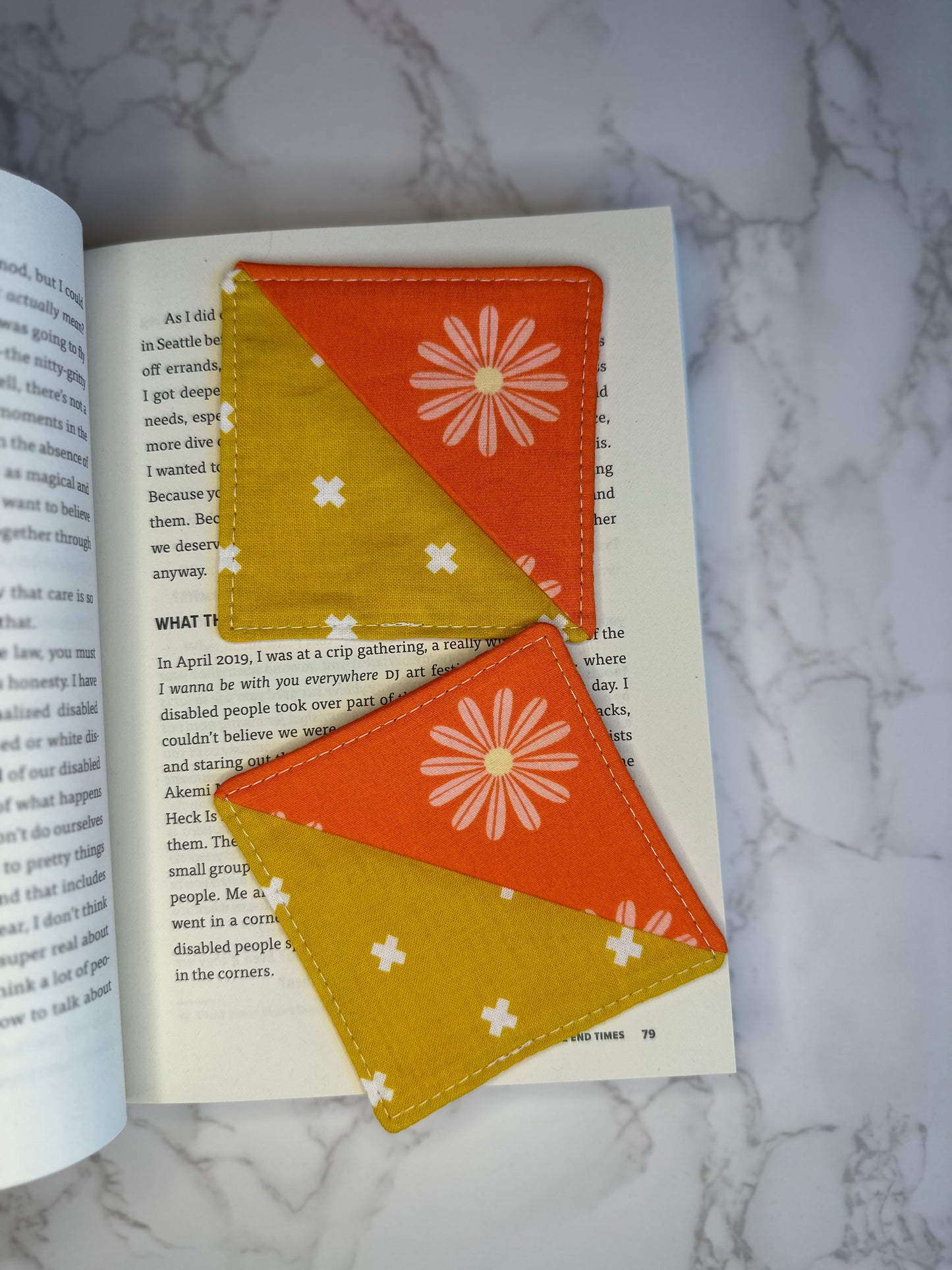 fabric corner bookmark - flowers on orange