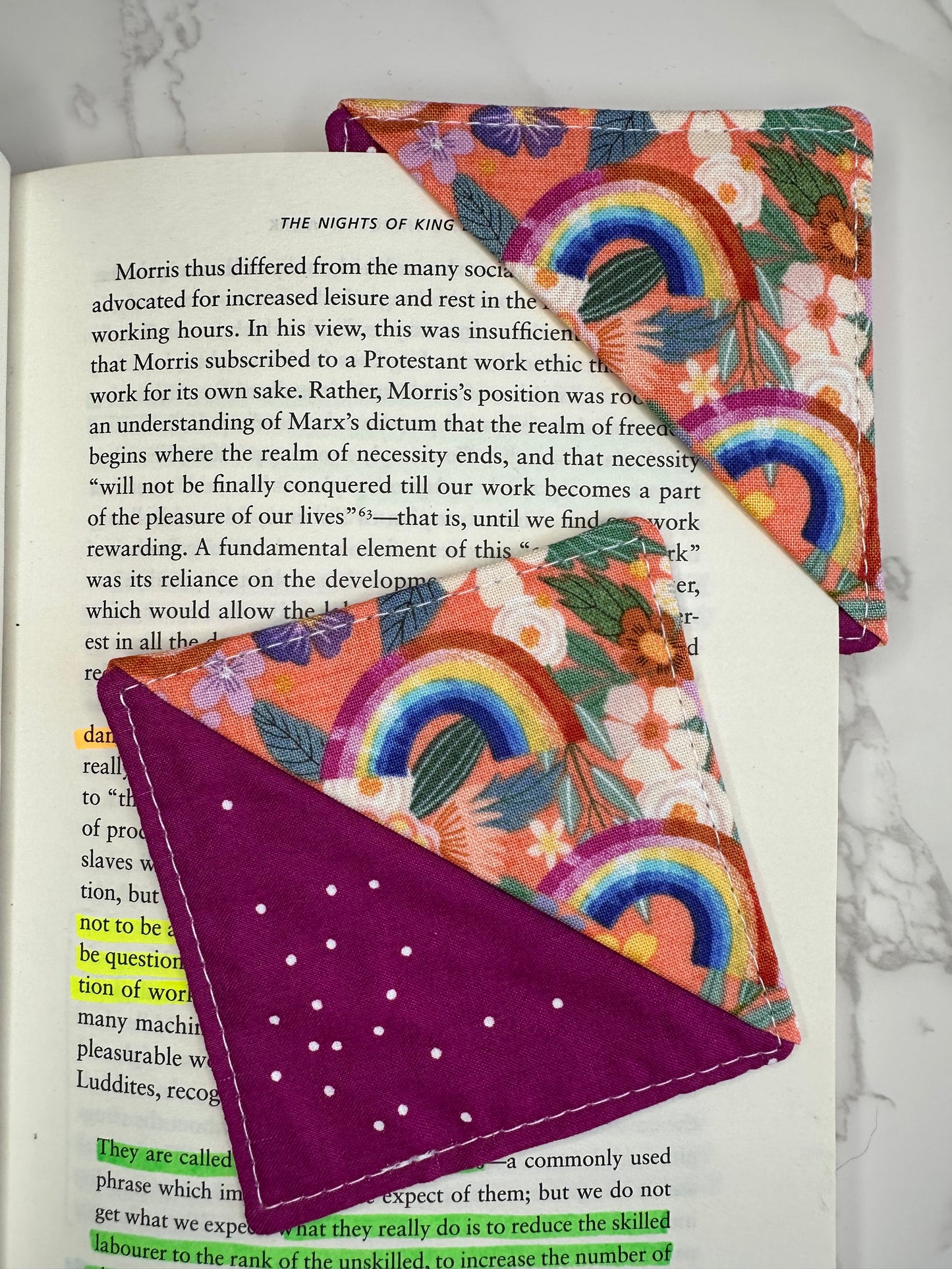 fabric corner bookmark - floral rainbows