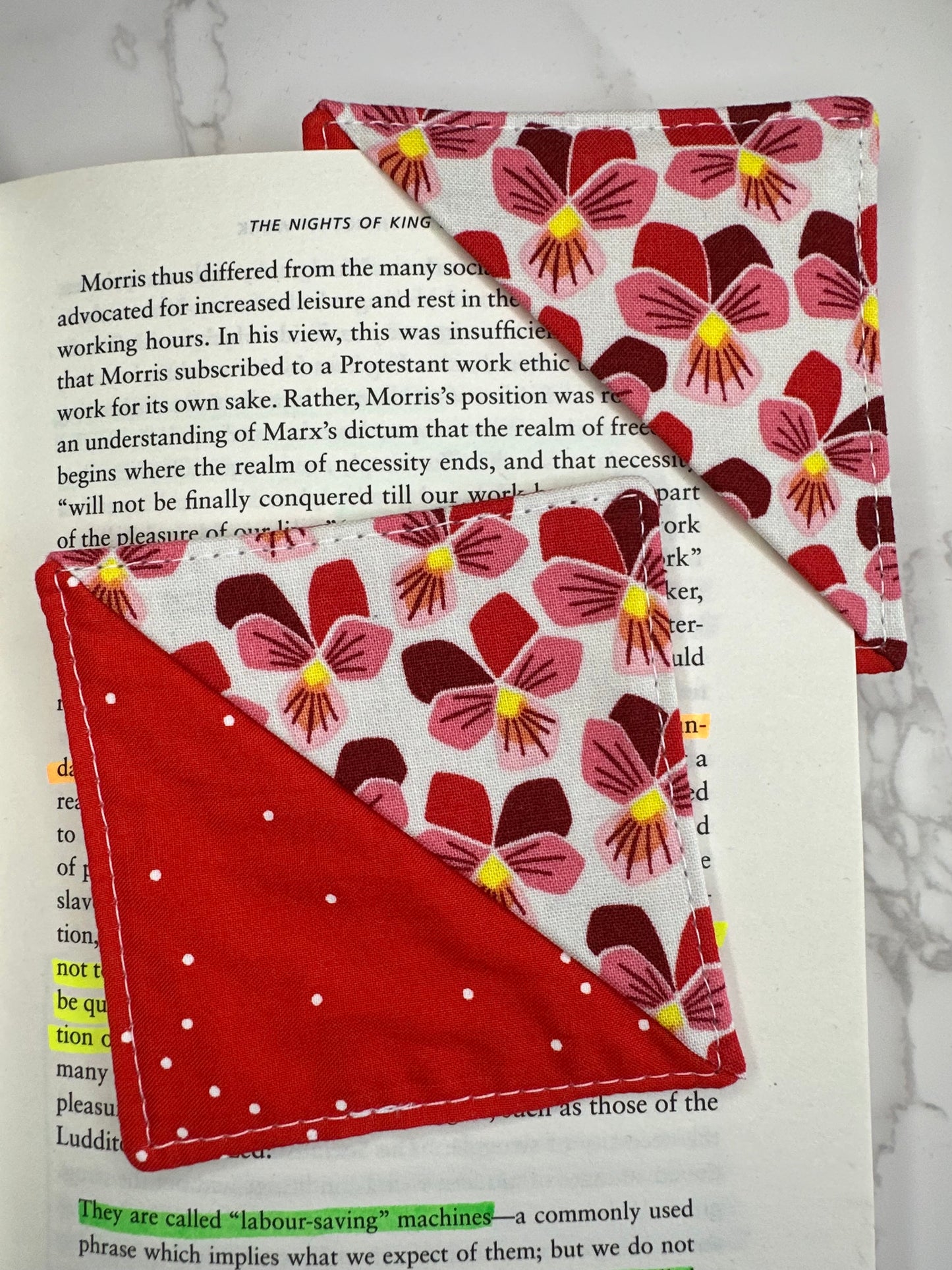 fabric corner bookmark - red pansies