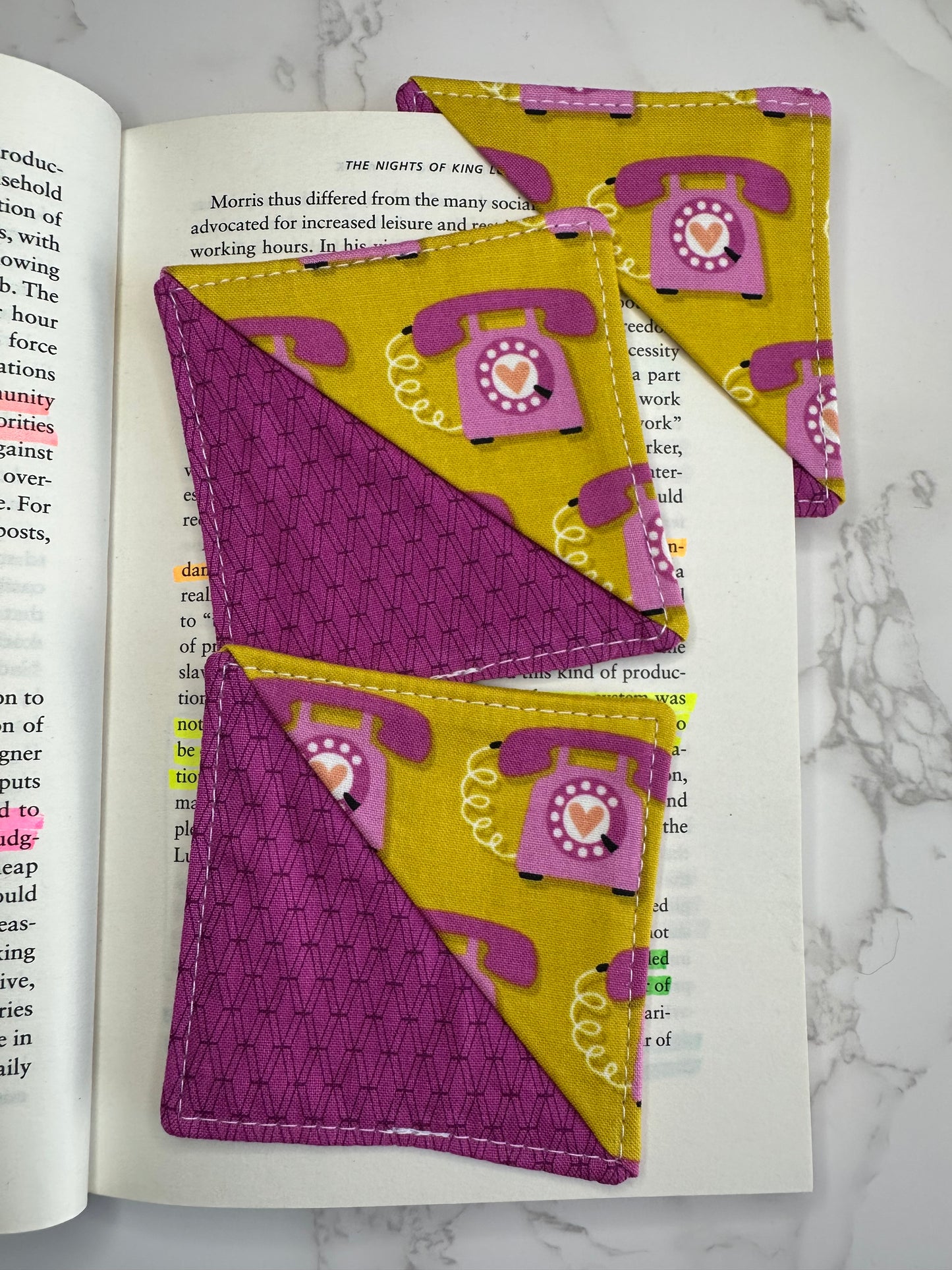 fabric corner bookmark - ring a ding ding