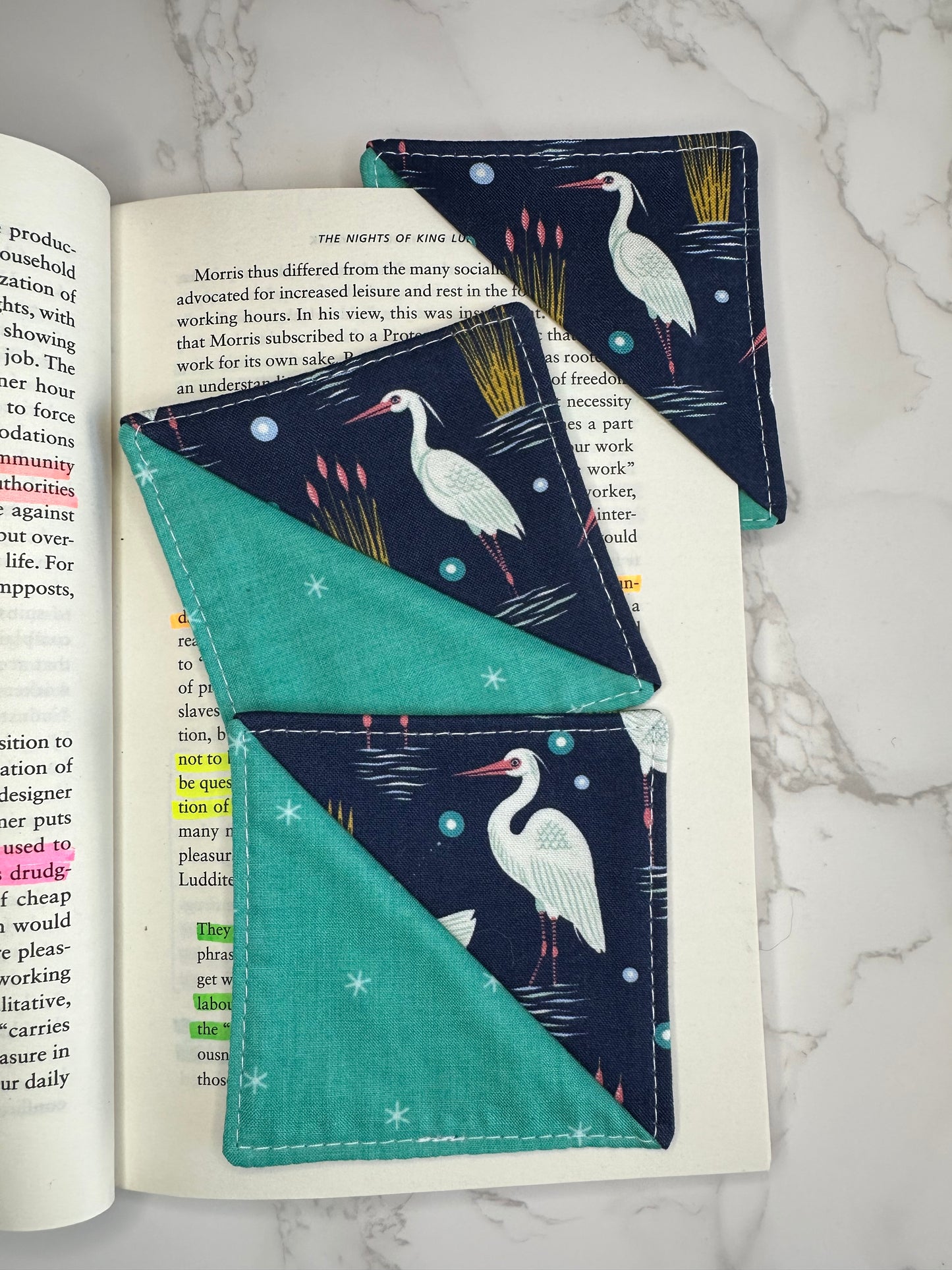 fabric corner bookmark - sea bird