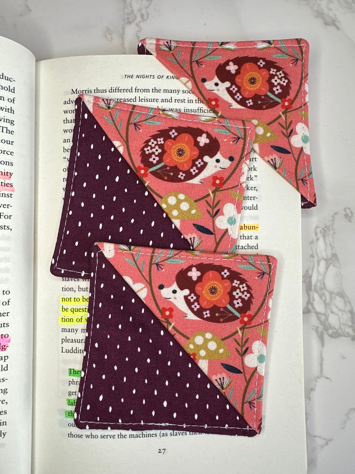 fabric corner bookmark - floral hedgie