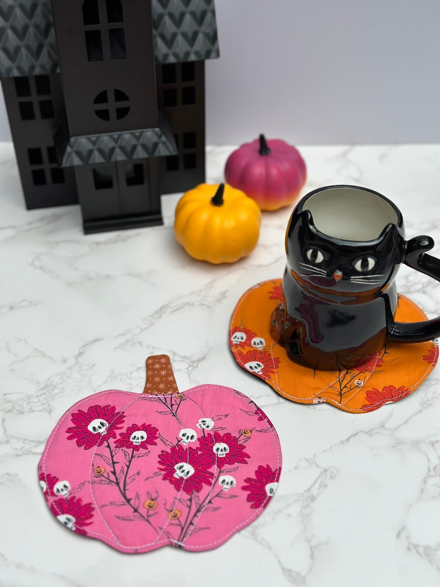 floral skulls / moon - fabric pumpkin coaster