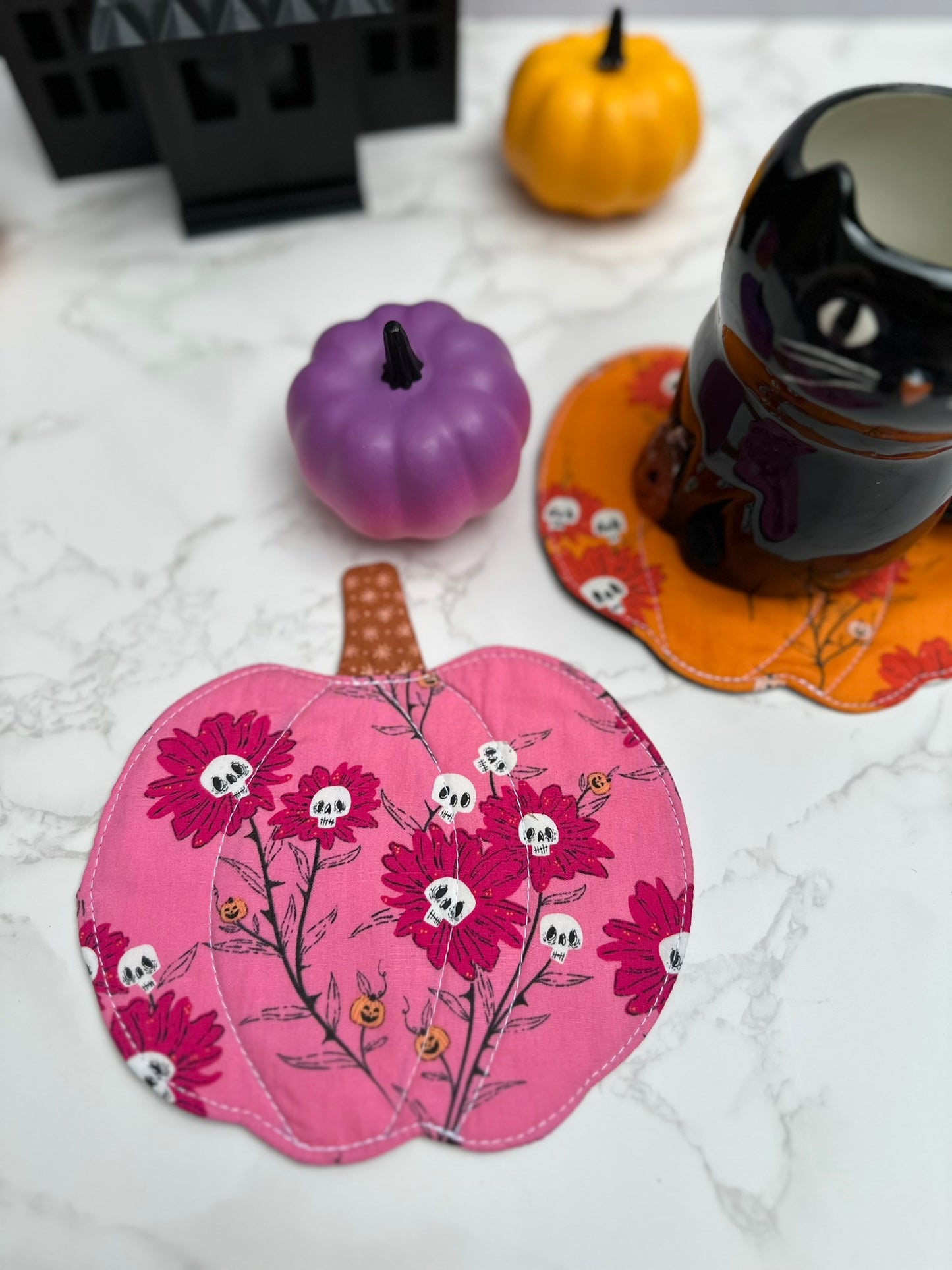 floral skulls / moon - fabric pumpkin coaster