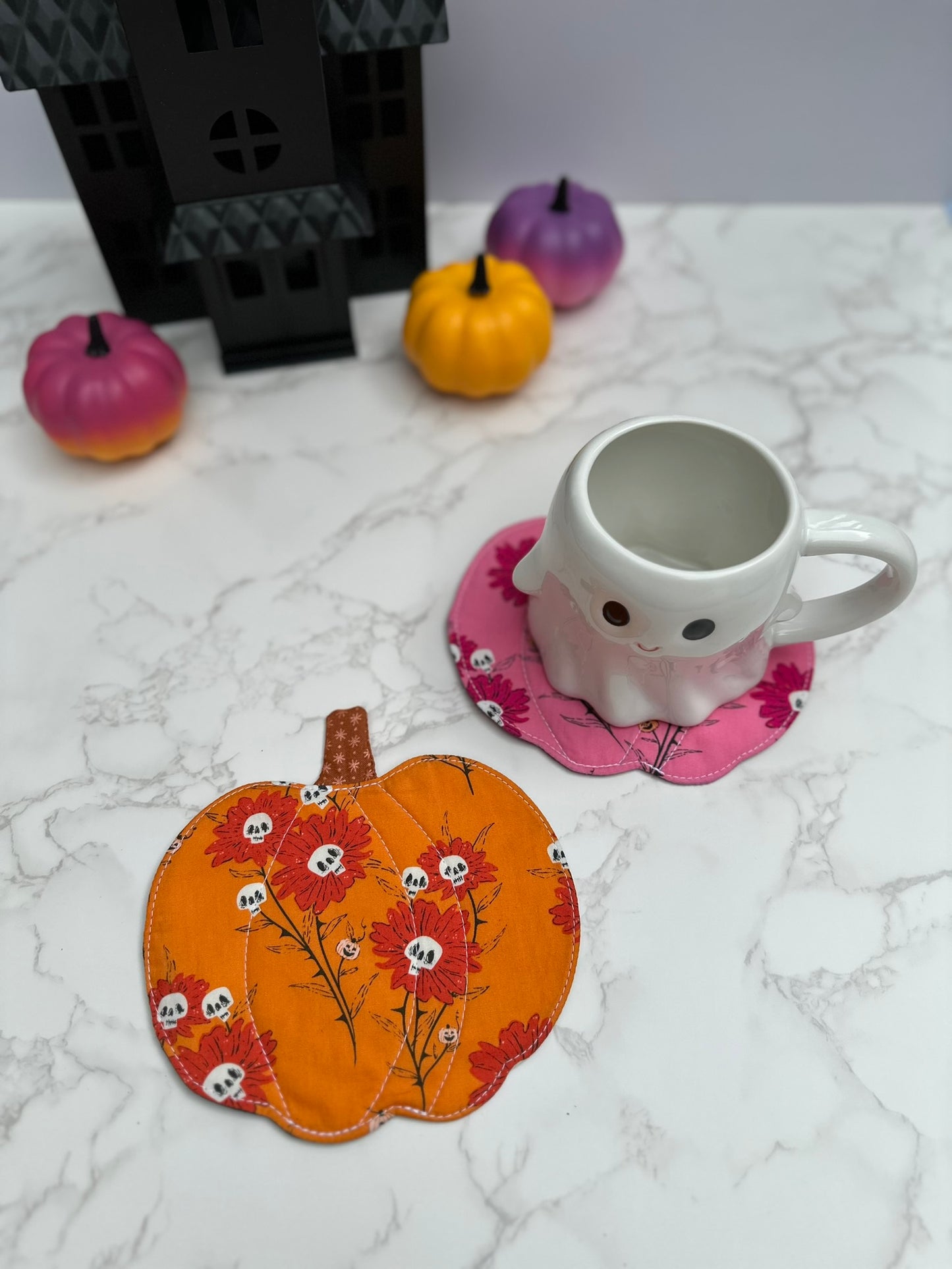 floral skulls / stars - fabric pumpkin coaster