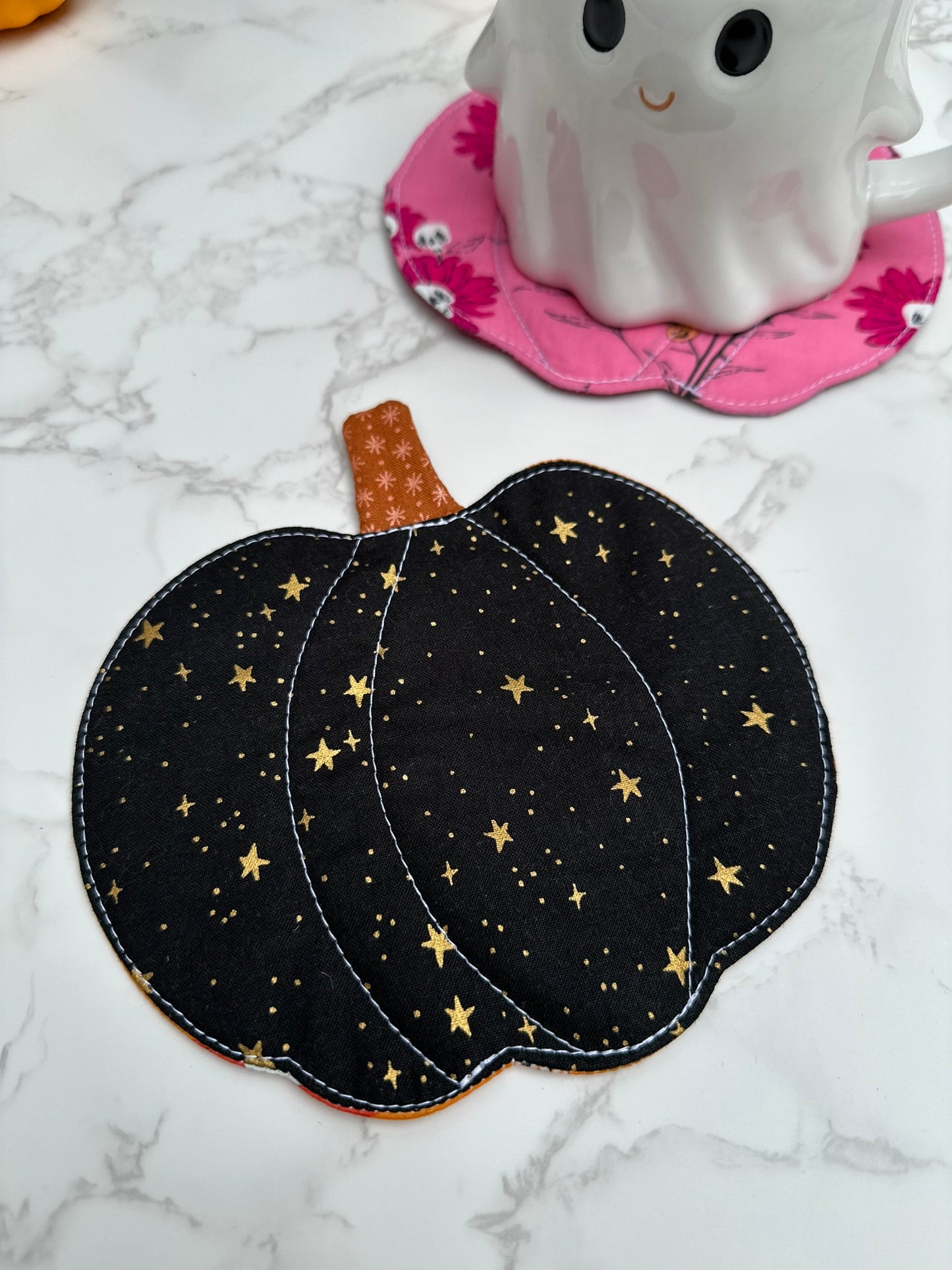 floral skulls / stars - fabric pumpkin coaster