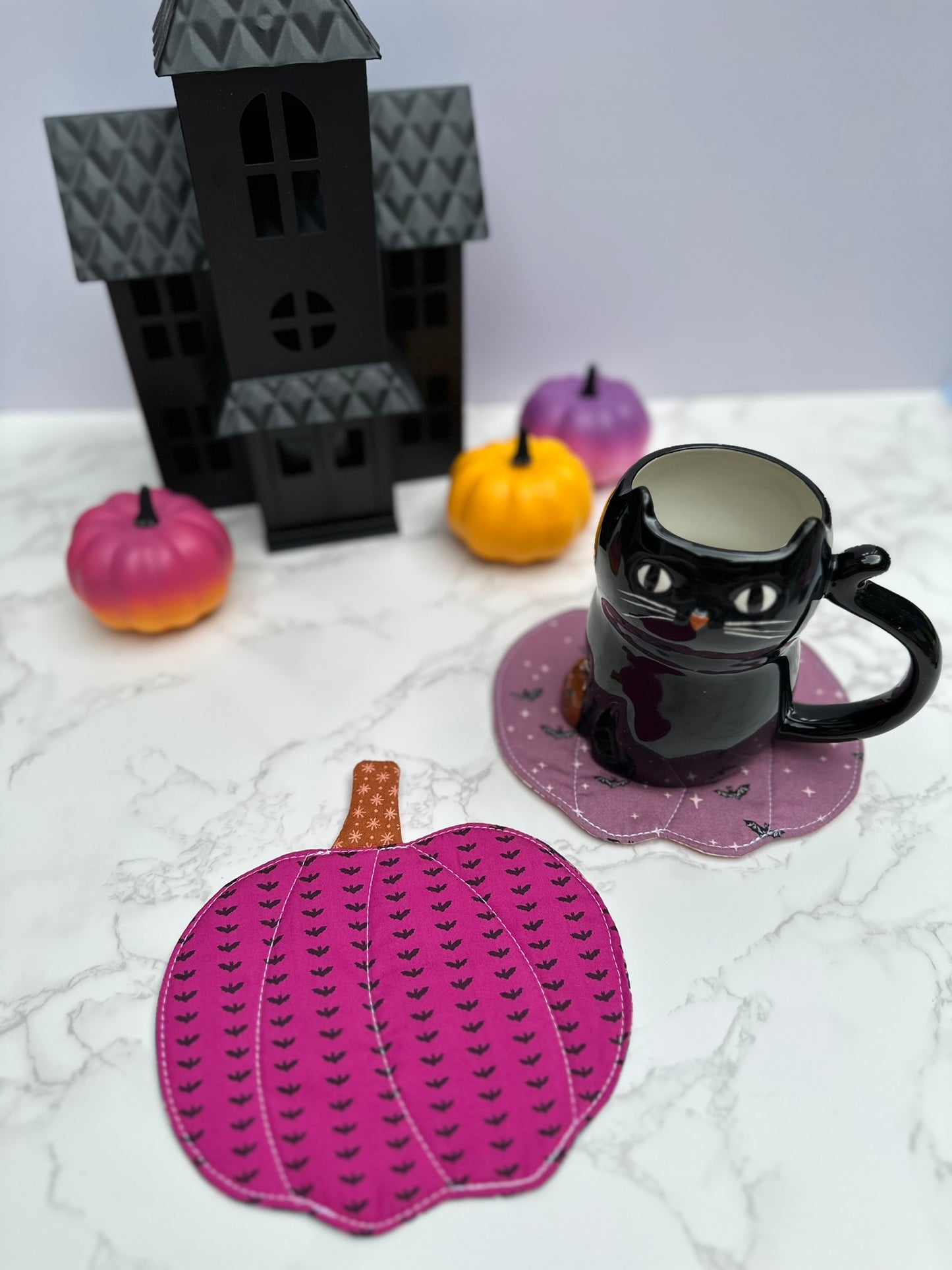 witch cats / bats - fabric pumpkin coaster