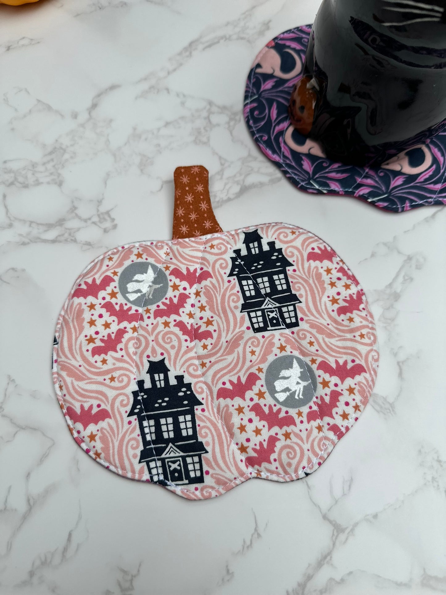 flying witch / bats - fabric pumpkin coaster