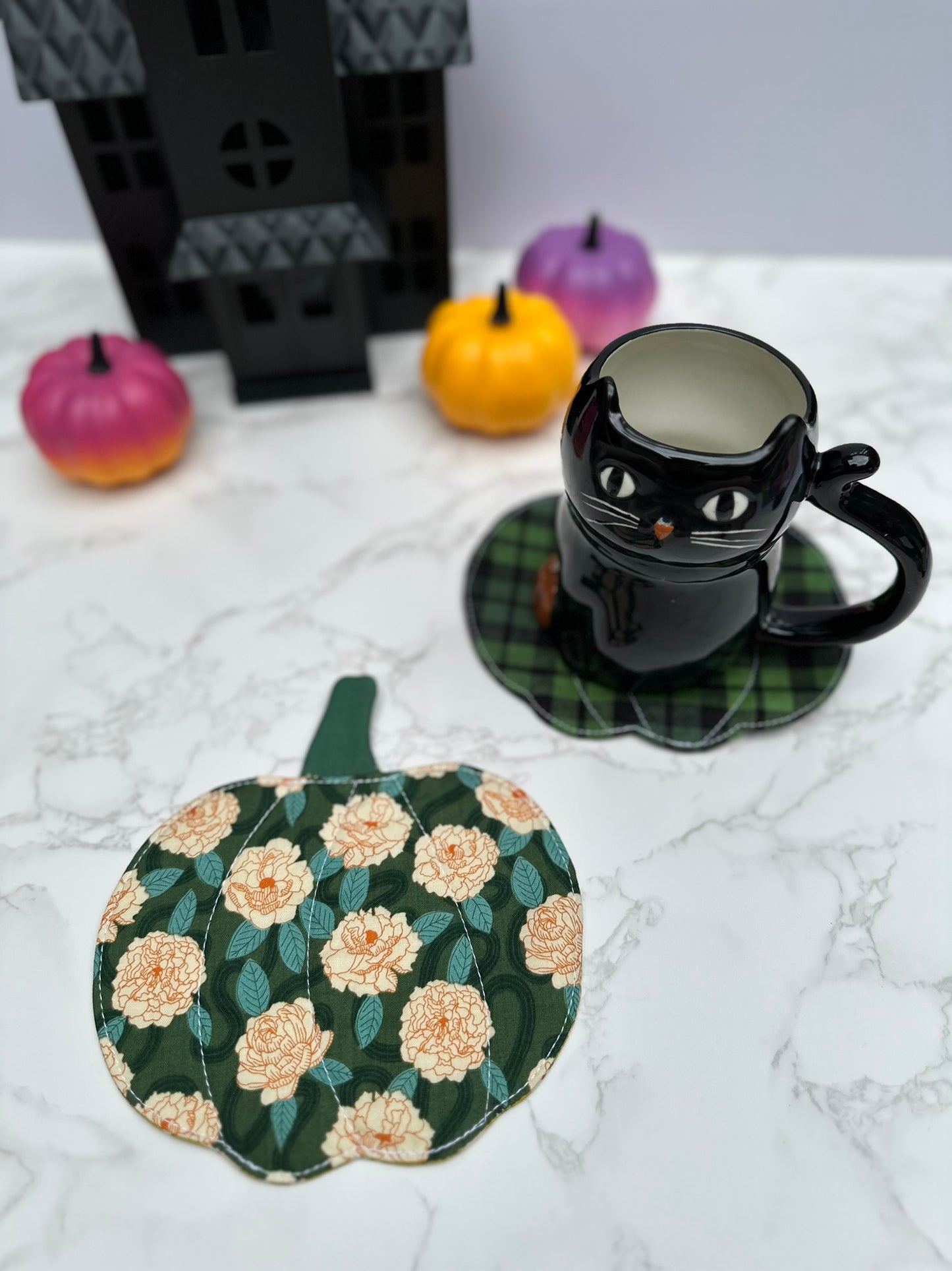 green florals - fabric pumpkin coaster