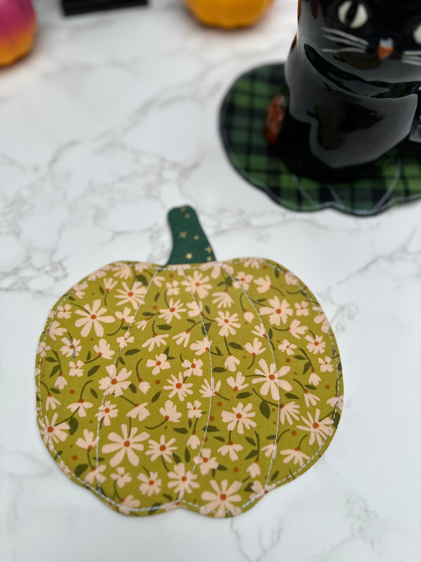 green florals - fabric pumpkin coaster