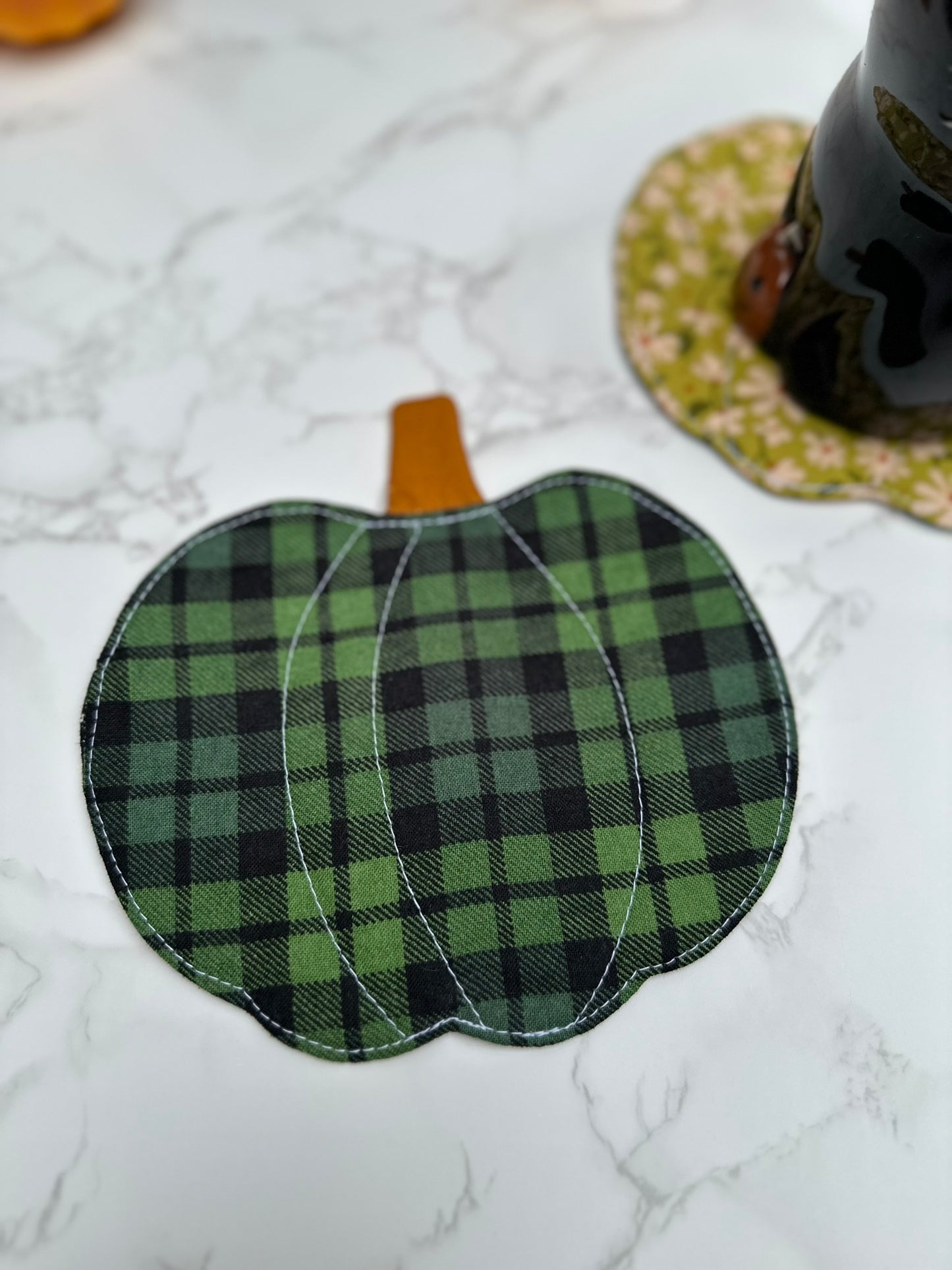 green plaid / black sprinkle - fabric pumpkin coaster