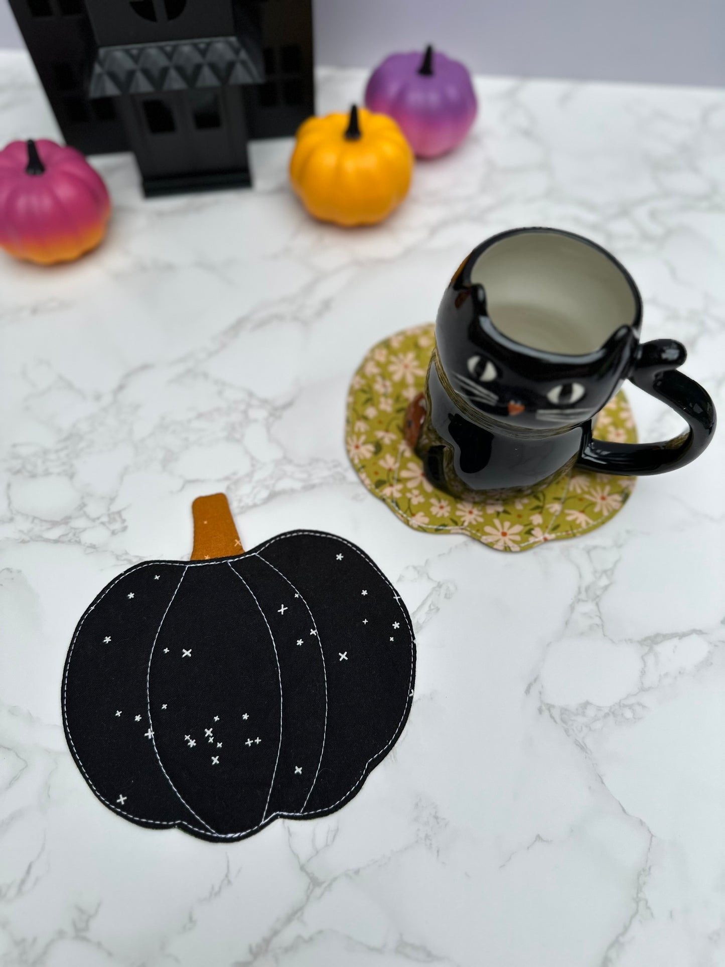 green plaid / black sprinkle - fabric pumpkin coaster